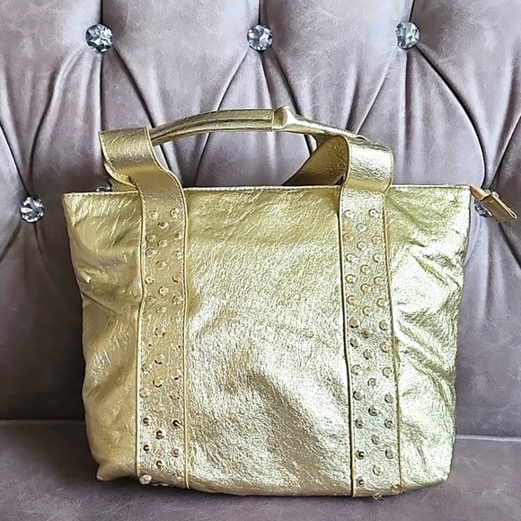 NWOT, UNION BLUE Metallic Gold Purse, w/ Gold Sequins, 3 Compartments 😍 - Picture 2 of 11